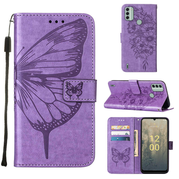 lthmy for Nokia C31 Butterfly PU Leather Flip Wallet Card Slots with Hand Strap Stand Cover case