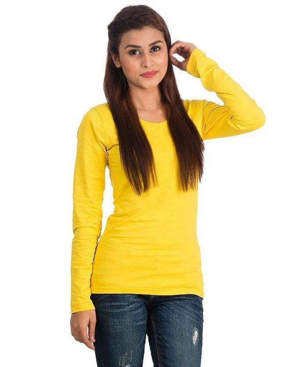 Yellow Cotton Full/Long Sleeves Round Neck Top T-Shirt For Ladies/Women
