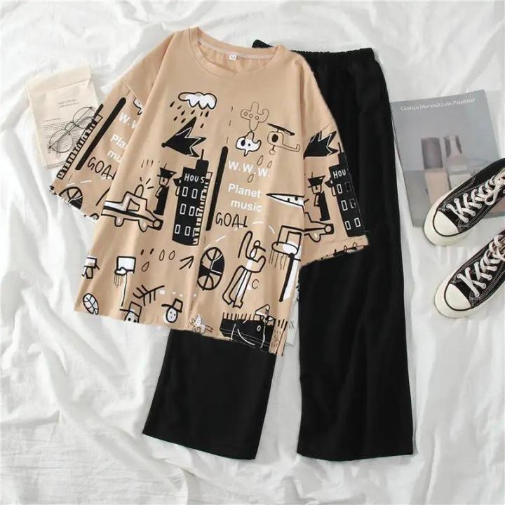 Women'S Oversized Funky Printed T-Shirts And Trousers Lose Wear -Fabric Jersey Cotton - Relax In Style And Comfort Design One