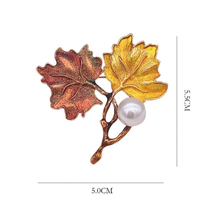 Women Vintage Imitation Pearl Color Block Maple Leaf Brooch Pin Jewelry Gift