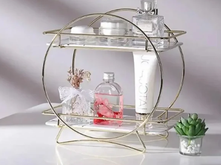 2 Tier Round Cosmetic Storage Rack Lipstick Perfume Skin Care Product Storage Rack Bathroom Organizer Countertop Multi-Purpose Storage Shelf