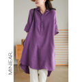 Yfashion Women Linen Shirt Retro Button Design Half-sleeve Solid Color Casual Mid-length Blouse Tops color. 
