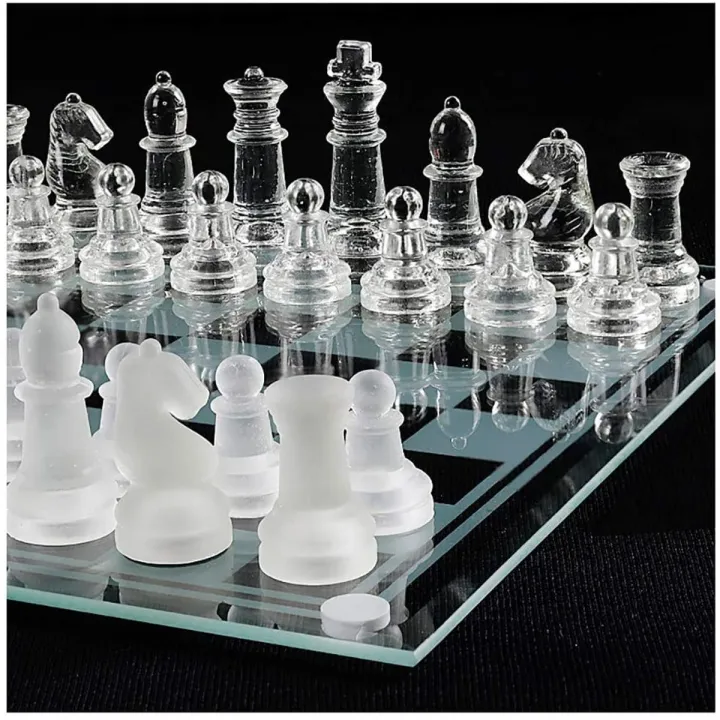 LYDJ Glass Chess Game Set Include Frosted/Polished Glass Chess Board and 32 Chess Pieces with Padded Bottom, Crystal Chess Set for Adults and Children Strategy Game,S