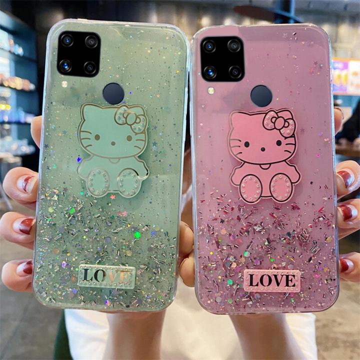 Phone case Realme C12 Shiny Ring Case Glitter Soft Transparent Hello Kitty Cases For Realme C12 Back Cover Stars Moon Girls