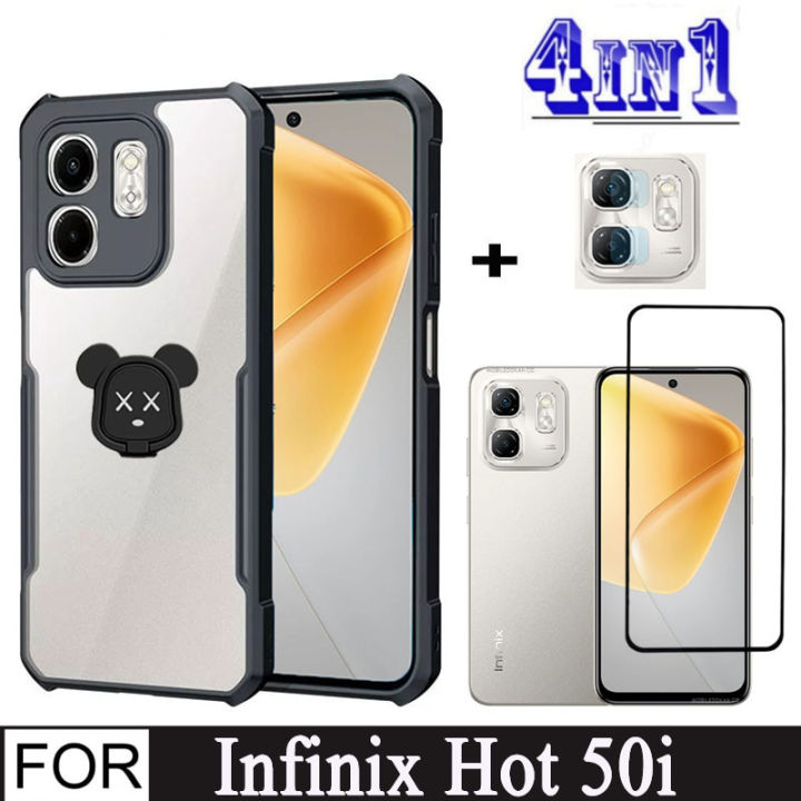 Infinix Hot 50i Shockproof Phone Case for Infinix Smart 9 4 in 1 Camera Lens Glass Screen Protector + Panda Mobile phone holder