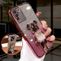For Vivo Y100 4G Back Cover with Cartoon 3D Bear Stand Luxury Slim Gradient Plating Glitter Girls Stylish Phone Case Clear Soft Silicone Protective Cases Pouch. 
