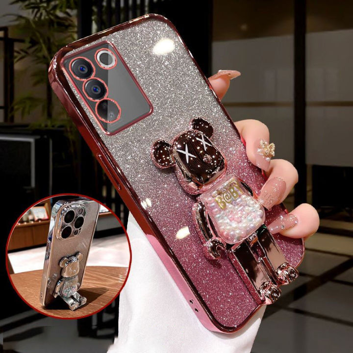 For Vivo Y100 4G Back Cover with Cartoon 3D Bear Stand Luxury Slim Gradient Plating Glitter Girls Stylish Phone Case Clear Soft Silicone Protective Cases Pouch
