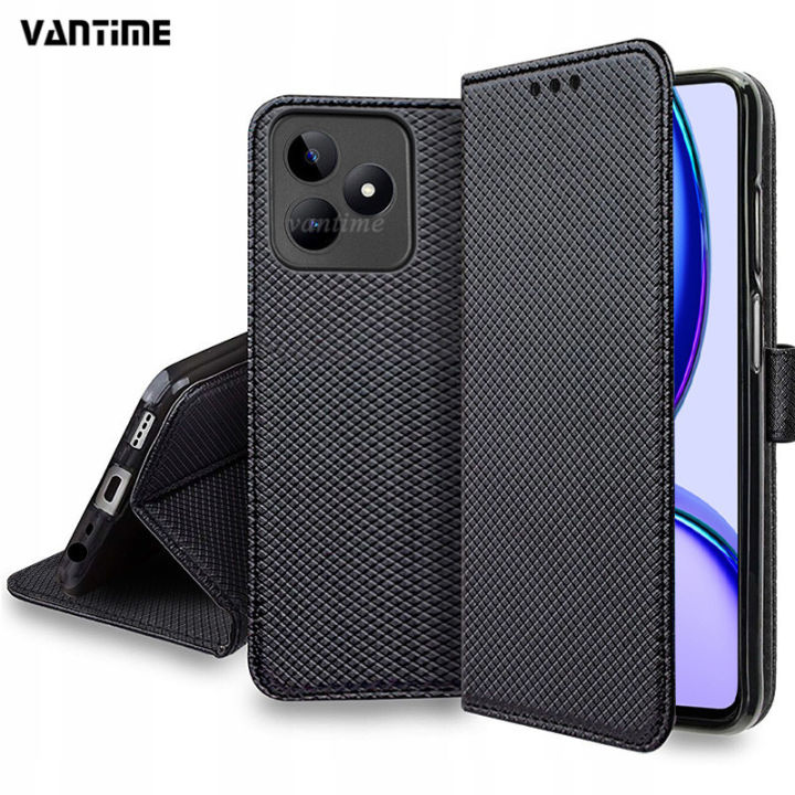 Vantime for Realme C51 / C53 / Narzo N53 / Note 50 PU Leather Wallet Case Cards Holder Flip Cover Diamond Pattern