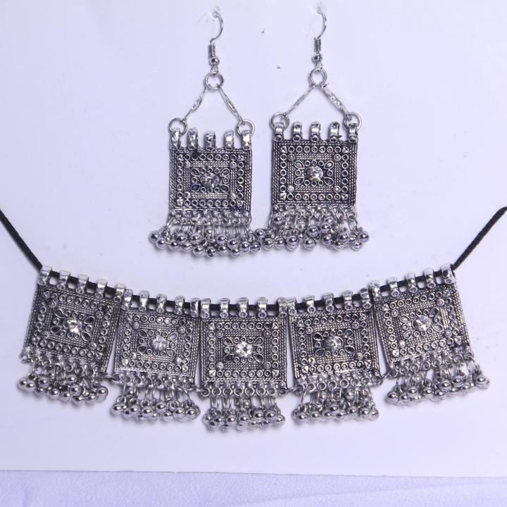 Oxidized Boho Choker Earrings Necklace Set
