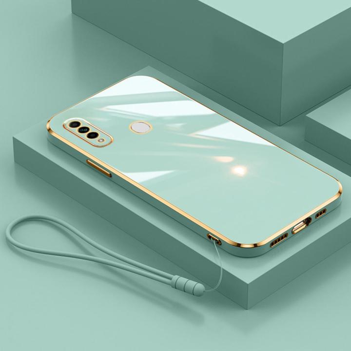 For Samsung Galaxy A20s Cover with Wrist Strap Fashion Shiny Plating Square Bumper Girls Phone Case Soft TPU Silicone Shockproof Protective Back Cover