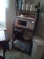 Kitchen Bakers Rack, Microwave Oven Stand with Large Wire Basket, Industrial Coffee Bar Station, 4-Tier Kitchen Utility Storage Shelf  , Pots Organizer, Rustic Brown. 