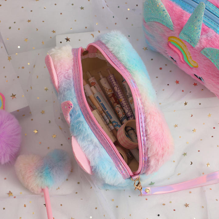 3 Color Unicorn Pen Bag Girl Kawaii Plush Unicorn Makeup Bag Plush Makeup Bag for Makeup Storage Travel Organization School Essentials Students' Pen Storage Gift For Girls