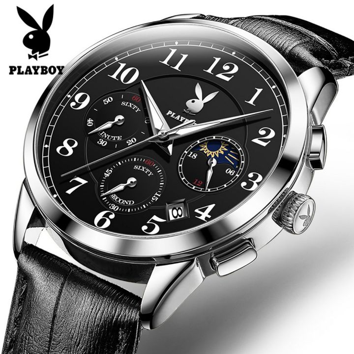 American Brand PLAYBOY Original Men's Watch Waterproof Leather strap Multifunctional Chronograph Anniversary Gift for Men  Calendar Luminous