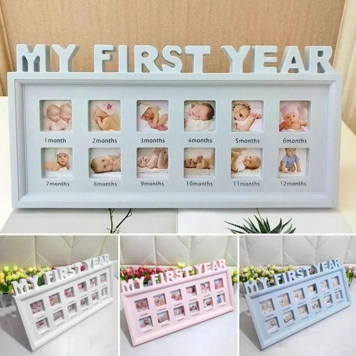 My First Year Photo Frame Baby 0 Month till12 Months 1 Year Growth Picture Frame Baby Shower Gift Newborn Growth Children Keepsake Birthday Gift Plastic Frame Baby Picture with Bracket Foot Photo Frame Wall Deco Room Deco for First Year Memory New Born Ba