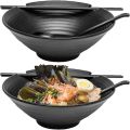 2 x Ramen Bowl Set (Black Melamine), Asian Japanese Style with Chopstick and Ladle Spoon Set, Large 37 oz for Ramen, Pho, Noodle, Udon or Any Soup Meal. 