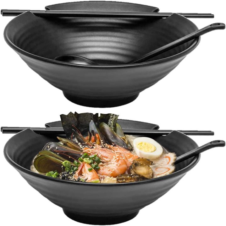 2 x Ramen Bowl Set (Black Melamine), Asian Japanese Style with Chopstick and Ladle Spoon Set, Large 37 oz for Ramen, Pho, Noodle, Udon or Any Soup Meal