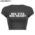 Big Tits Big Heart Print Pattern New Summer Short Sleeve O Neck Cropped Navel Women Crop Tops Fashion T-Shirt. 