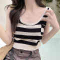 bellylady Summer Tank Tops For Women Trendy Striped Sleeveless Crop Tops Retro Contrast Color Ice Silk Pullover Vest. 