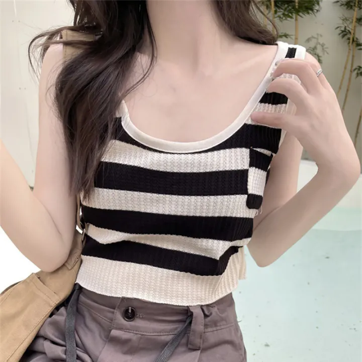 bellylady%20Summer%20Tank%20Tops%20For%20Women%20Trendy%20Striped%20Sleeveless%20Crop%20Tops%20Retro%20Contrast%20Color%20Ice%20Silk%20Pullover%20Vest%20-%20Image%203