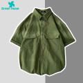 Green Home Cargo Shirt Flap Pockets Male Solid Color Casual Cargo Shirt. 