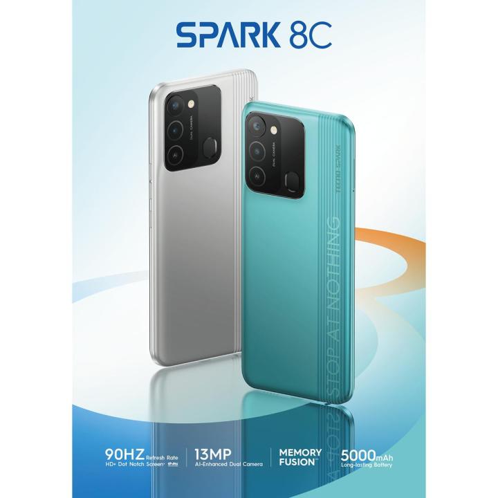 Tecno Spark 8C 6.6HD" Dot-in* IPS Display 3GB RAM + 64GB ROM , Rear Camera 13MP+QVGA , Front Camera 8MP With Dual-LED Flash , Fingerprint Sensor , Battery 5000 mAh