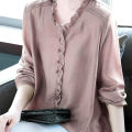Women Shirt Comfortable Linen Cotton Solid Color Pleated Lace Stylish V-neck Long-sleeved Simple Loose Pullover Bottoming Shirt. 