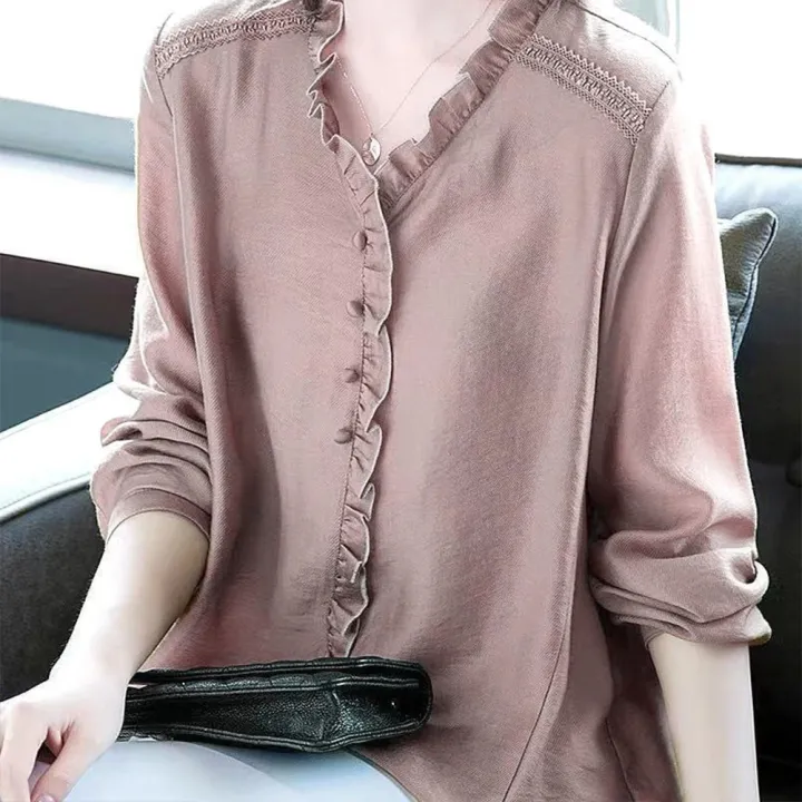 Women%20Shirt%20Comfortable%20Linen%20Cotton%20Solid%20Color%20Pleated%20Lace%20Stylish%20V-neck%20Long-sleeved%20Simple%20Loose%20Pullover%20Bottoming%20Shirt%20-%20Image%207