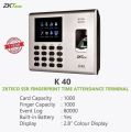 ZKteco k40 Zkteco Fingerprint Time Attendance Access Control Terminal, Fingerprint Capacity 1000 (2000 without SSR ), Built-in battery, Display 2.8-inch TFT Screen, Power Supply DC 12V 1.5A. 