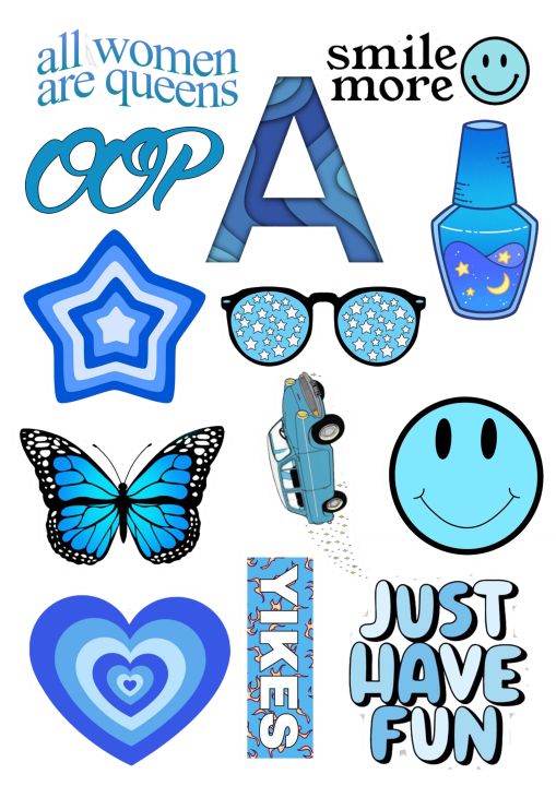 Blue aesthetic stickers for laptop, mobile back, waterbottles, notebook,diaries,etc Pack of 13, 3 x 2 inch stickers