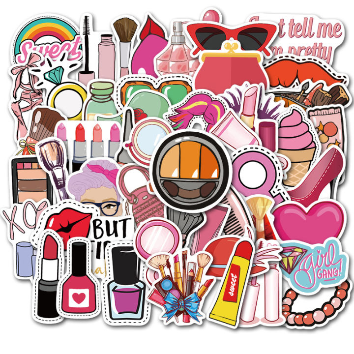 【linfang store】50Pcs/lot Pretty Girl Cosmetic Sticker Decal Lipstick Perfume High Pattern DIY Laptop Luggage Suitcase Cute Stickers