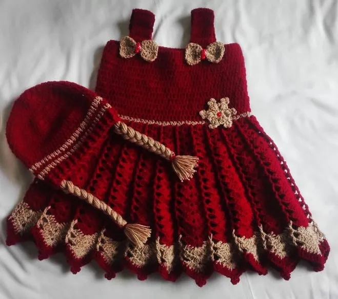 Handmade Crochet Dress Set for baby girls Crochet Frock for baby girls Crochet Clothes for Baby Girl Crochet Woolen Frock Cap and Shoes Daraz.pk