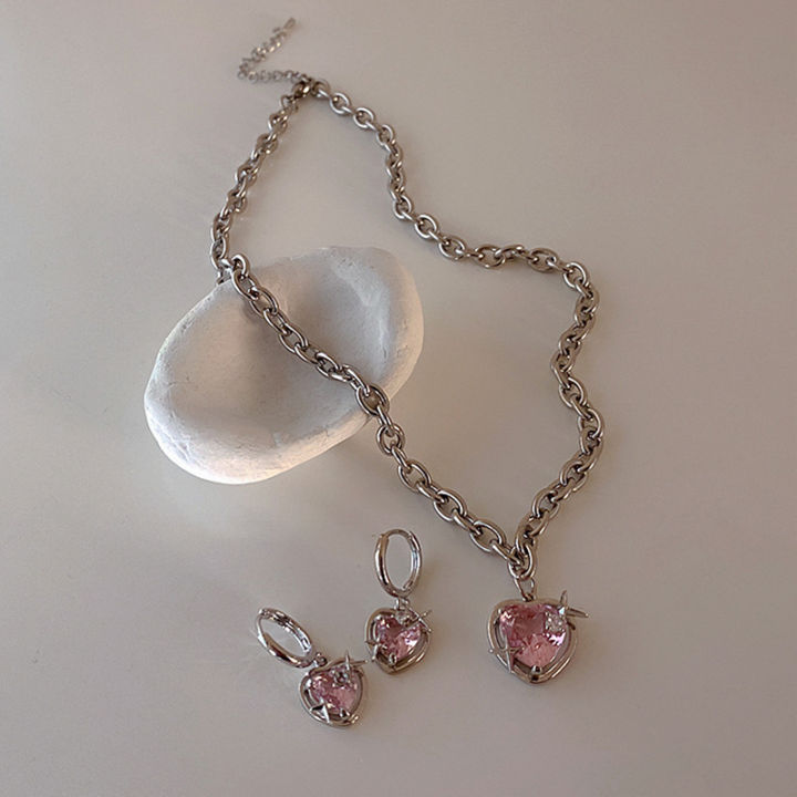 1Pc/Pair Fashion Pink Peach Heart Necklaces Earrings Sweet Cool Jewelry Sets SUPER BABY
