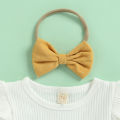 Newborn Baby Three Piece Set, Fly Sleeve Round Neck Shirt Suspender Ruffle Shorts Elastic Matching Headband. 