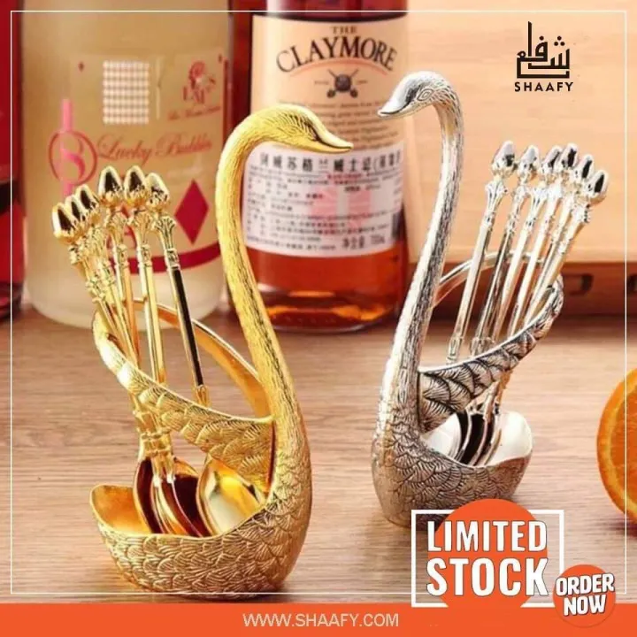 Stainless%20Steel%20Swan%20Shaped%20Tea%20Spoon%20Holder%20with%206%20Spoons%20-%20Gold/Silver%20-%20Image%202