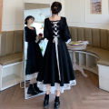 Women Solid Long-sleeve Over-he-knee A-line Black Dress. 
