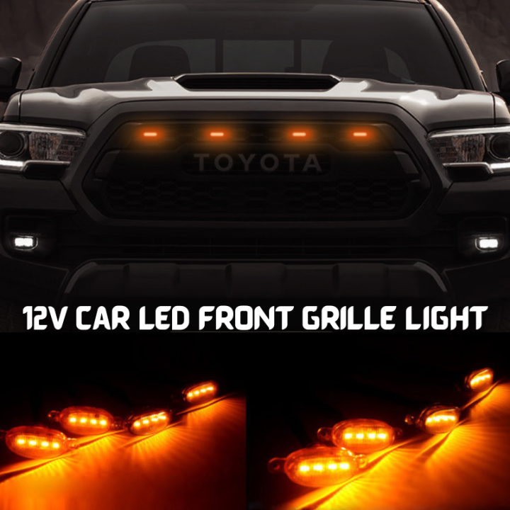 4Pc 12V Car LED Front Grille Light DRL Day Line Lamp of Middle Net Strobe Amber Car Exterior Decorative Light