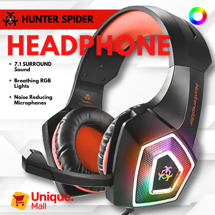 Hunter Spider V1 RGB Gaming Headphones with Mic 360° Surround Sound Deep Bass LED Lights