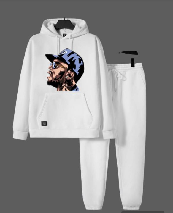 WHite Chris Brown Printed Fleece Full Sleeves Pull Over Hoodie & Trouser For Men & Boys