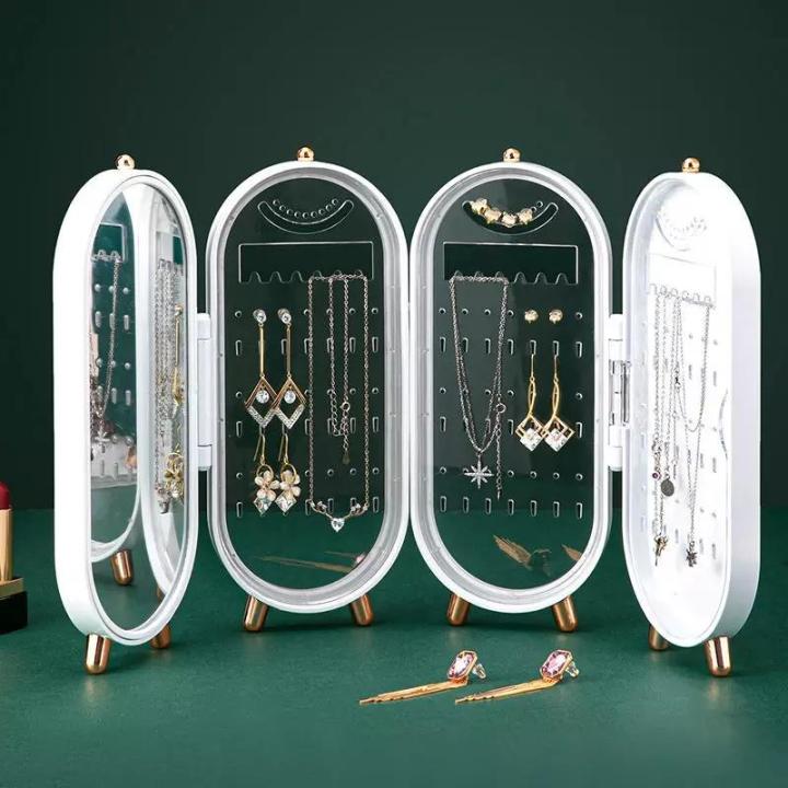 Foldable Jewellery Organizer with Mirror Ear Rings & Necklace_Hanging Holder Jewelry Box Vanity Hanger Stand suitable for storing necklaces and bracelets.