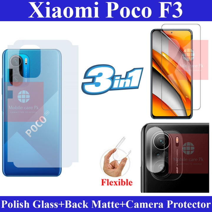 Xiaomi Poco F3 Tempered Glass Screen Protector Polish Glass + Back Camera 9H Gorilla Flexible Protector + Back Matte Protector Soft Skin Sheet Soft Film Protector For Xiaomi Poco F3