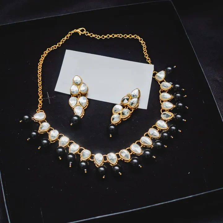 Exquisite Shiny MUSTARD Pearl And Crystal Studded Necklace Set, Wedding Jewelry Set, Golden Jewelry Set, Kundan Jewelry Set