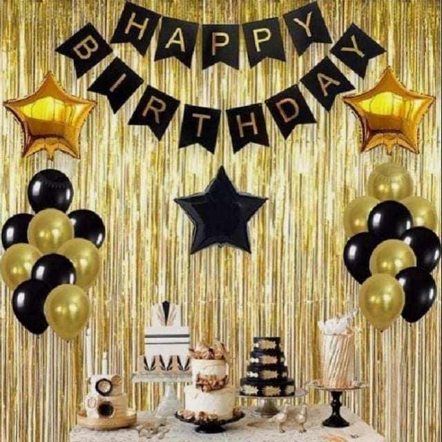 Happy Birthday Black Gold Decoration Set( Boys Girls )-Include 20 Latex  Balloons, Happy Birthday Banner, foils Stars, with Back Gold Curtain For 