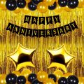 Happy Anniversary Decoration Theme Set 1 PCs Black Banner 30 Pcs Balloons 1 PCs Golden Back Drop Curtain  2 Foil Star Anniversary Items & Decorations -Home Decorations. 