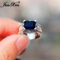 Luxury Crystal Green Blue Stone Rectangle Rings For Men Women Silver Color Vintage Zircon Wedding Bands Male Female Jewelry. 
