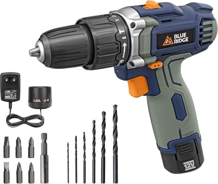 BLUE RIDGE 12V Cordless Impact Drill 25Nm with 1.5Ah Lithium-ion Battery, 10mm keyless Chuck, Variable Speed, 13 pcs Free Accessories, 1-Hour Fast Charger (Without Box)