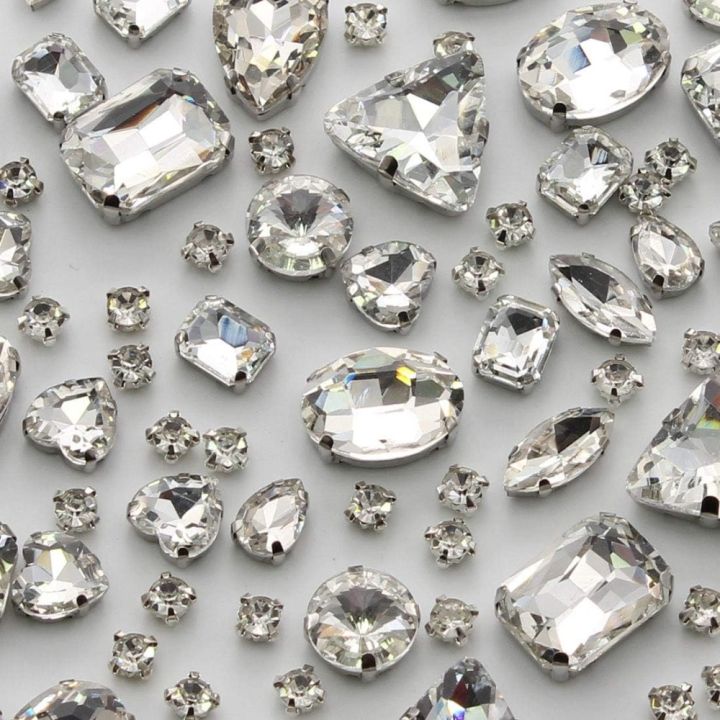 130 PCS Glass Rhinestones Sew on Rhinestones DIY Craft Jewelry Making Mixed Shapes Crystal Clear Rhinestones for Crafts Flatback Silver Claw Rhinestone Applique Shoes