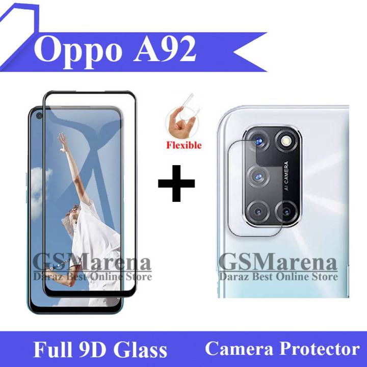 Oppo A92 Full Black 9D Tempered Glass Edge to Edge Full Glue Screen Protector + Back Camera 9H Gorilla Flexible Protector For A92