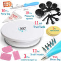 Cake Rotating Turntable 28cm & 10Pcs Measuring Spoons Cup Set & 12Pcs Cake Decorating Small Nozzles Set & 10Pcs Disposable Piping Bags & 3Pcs Cake Cream icing Scraper Set, 1Pc Cake Board Base & Gift. 