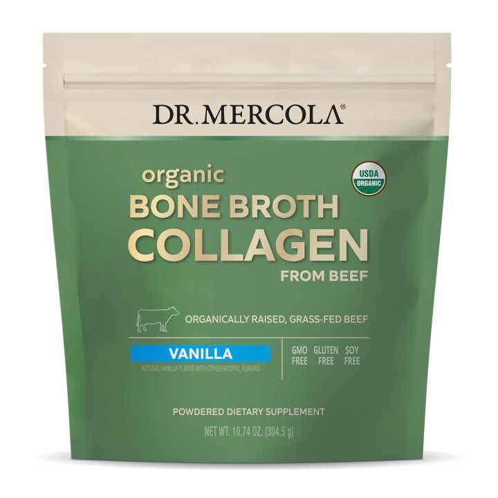 Dr. Mercola Organic Bone Broth Collagen Powder - Vanilla, 30 Servings 304gm (30 Scoops), Dietary Supplement, Supports Bone and Joint Comfort, USDA Organic, Non-GMO
