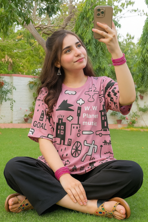 Relax Fit Oversized T-Shirt and Trouser Set for Women & Girls – Summer Cotton Nightwear – Printed Lounge Wear for Home, Sleep & Casual Use – Soft Breathable Fabric – Round Neck Tee with Matching Trousers – Ideal for Girls, Teens, Ladies (S to XL)